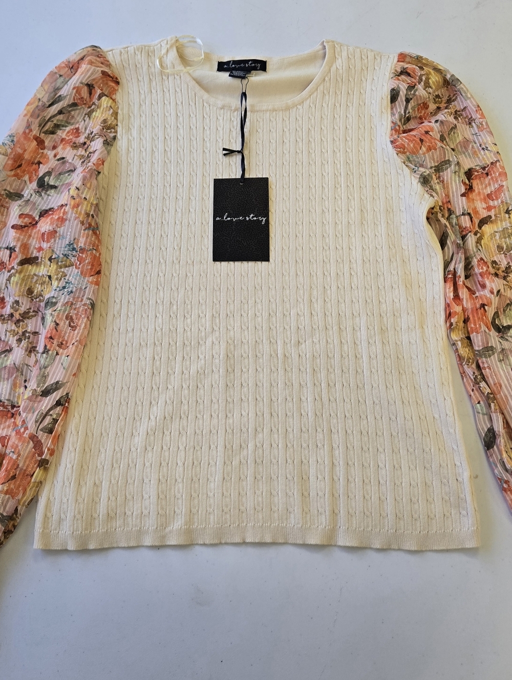 Cream Cable Knit Top with Floral Sleeves